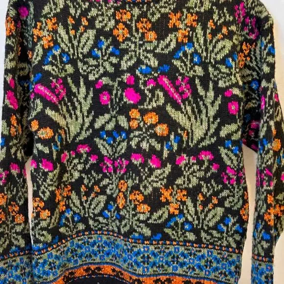 Vintage 80s 90s Wool Italian Floral Fair Isle Heavy Knit Chunky Cozy Cabincore - Picture 3 of 6